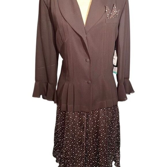 Danny & Nicole 2pc Skirt Suit Size 16 Brown Sheer Polka Dot Pencil A-Line New - Picture 2 of 13
